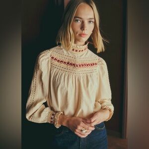 Sezane Cream Blouse with Red Detailing